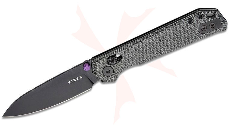 Kizer Cutlery Vanguard Begleiter 2.9 Clutch Lock Folding Knife 2.97 inch BD1N Black PVD Drop Point Blade, Black Norplex UltreX Micarta Handles, Reversible Clip