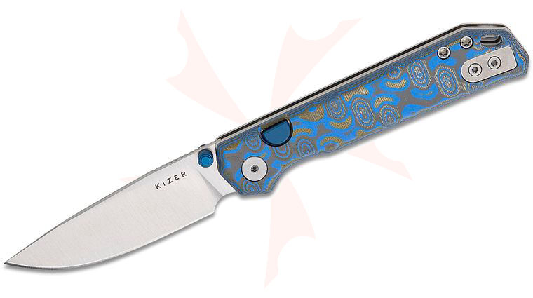 Kizer Cutlery Vanguard Begleiter 2.9 Button Liner Lock Folding Knife 2.97 inch BD1N Satin Drop Point Blade, Blue Vortex Pattern Micarta Handles, Reversible Clip
