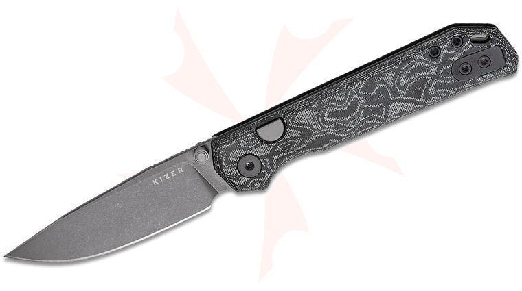Kizer Cutlery Vanguard Begleiter 2.9 Button Liner Lock Folding Knife 2.97 inch BD1N Gray PVD Stonewashed Drop Point Blade, Black & White Vortex Pattern Micarta Handles, Reversible Clip