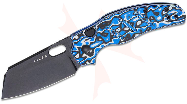 Kizer Cutlery Vanguard Sheepdog C01C 2.9 BS Button Liner Lock Folding Knife 2.95 inch Nitro-V Black PVD Sheepsfoot Blade with Thumb Hole, Blue Vortex Micarta Handles, Reversible Clip