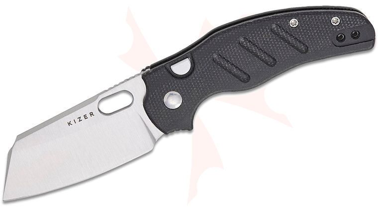 Kizer Cutlery Vanguard Sheepdog C01C 2.9 BS Button Liner Lock Folding Knife 2.95 inch Nitro-V Satin Sheepsfoot Blade with Thumb Hole, Black Micarta Handles, Reversible Clip