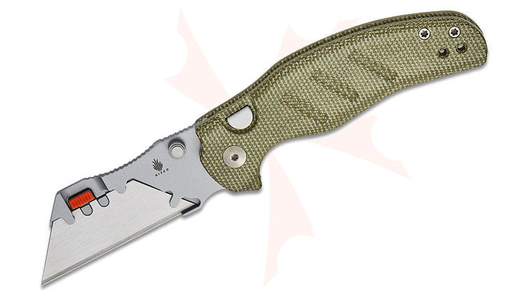 Kizer Cutlery Vanguard Sheepdog C01C Uti 2 Button Liner Lock Folding Knife 2.78 inch Bead Blasted Replaceable Razor Blade, Green Micarta Handles with Toothpick and Tweezers, Reversible Clip