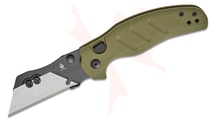 Kizer Cutlery Vanguard Sheepdog C01C Uti 1 Button Liner Lock Folding Knife 2.78 inch Black PVD Replaceable Razor Blade, Green G10 Handles with Toothpick and Tweezers, Reversible Clip