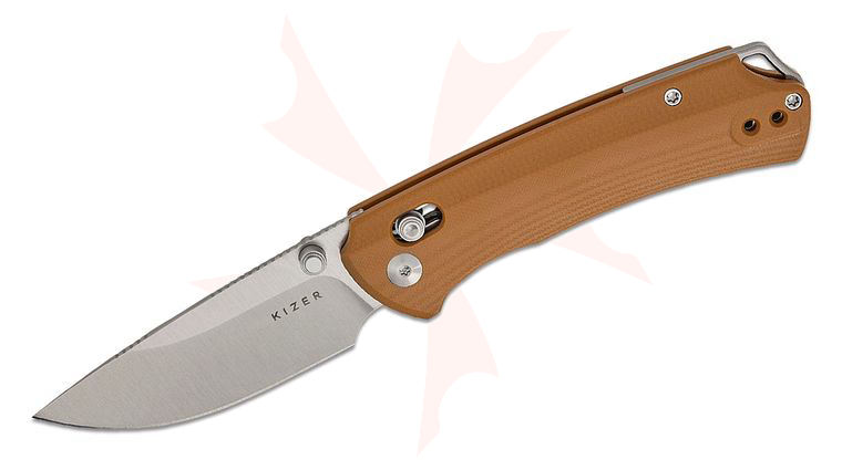 Kizer Cutlery Vanguard Ulrich Hennicke Task I (T1) CD Clutch Lock Folding Knife 3.2 inch Nitro-V Satin Drop Point Blade, Brown G10 Handles, Reversible Deep Carry Clip