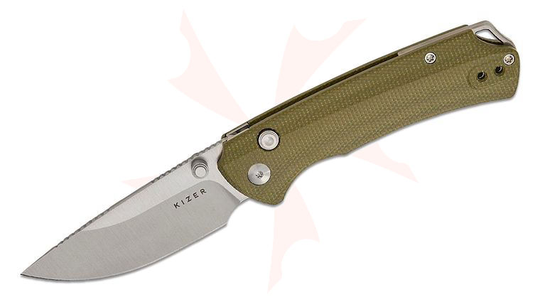 Kizer Cutlery Vanguard Ulrich Hennicke Task I (T1) BD Button Liner Lock Folding Knife 3.2 inch Nitro-V Satin Drop Point Blade, Olive Green Micarta Handles, Reversible Deep Carry Clip