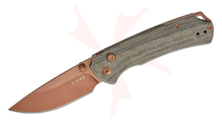 Kizer Cutlery Vanguard Ulrich Hennicke Task I (T1) BD Button Liner Lock Folding Knife 3.2 inch Nitro-V Sunset Metal PVD Drop Point Blade, Gray Norplex UltreX Micarta Handles, Reversible Deep Carry Clip