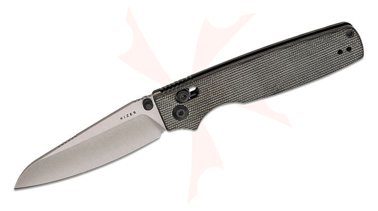 Kizer Cutlery Vanguard Original 2 Clutch Lock Folding Knife 3.19 inch 14C28N Satin Modified Drop Point Blade, Black Micarta Handles, Reversible Deep Carry Clip