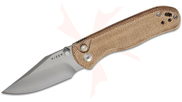 Kizer Cutlery Vanguard Azo Drop Bear 2 Button Liner Lock Folding Knife 2.96 inch Nitro-V Satin Clip Point Blade, Brown Micarta Handles, Reversible Clip
