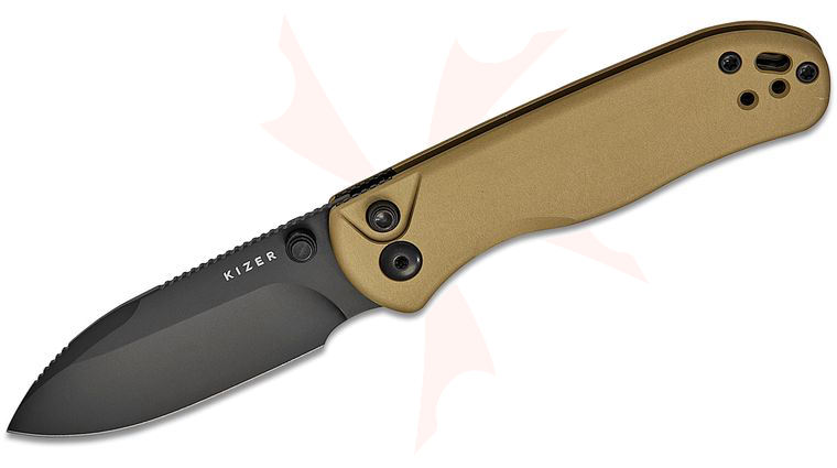 Kizer Cutlery Vanguard Azo Drop Bear 2 Button Liner Lock Folding Knife 2.92 inch Nitro-V Matte Black DLC Drop Point Blade, Tan Aluminum Handles, Reversible Clip