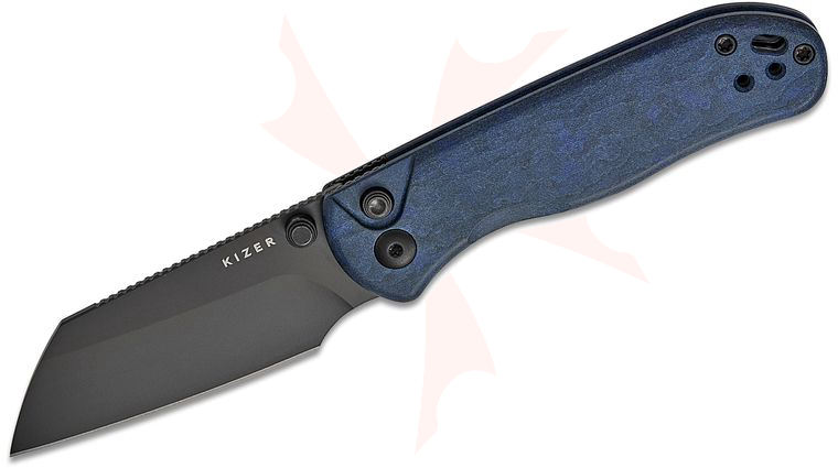 Kizer Cutlery Vanguard Azo Drop Bear 2 Button Liner Lock Folding Knife 2.96 inch Nitro-V Matte Black DLC Sheepsfoot Blade, Blue Canyon Richlite Handles, Reversible Clip