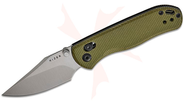 Kizer Cutlery Vanguard Azo Drop Bear 2 Clutch Lock Folding Knife 2.85 inch Nitro-V Satin Clip Point Blade, Green Micarta Handles, Reversible Clip