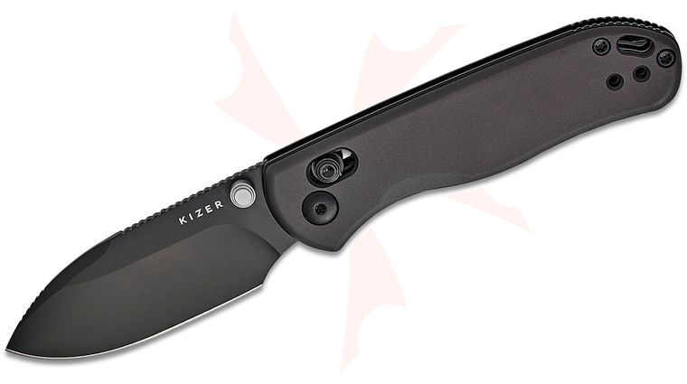 Kizer Cutlery Vanguard Azo Drop Bear 2 Clutch Lock Folding Knife 2.84 inch Nitro-V Matte Black DLC Drop Point Blade, Black Aluminum Handles, Reversible Clip