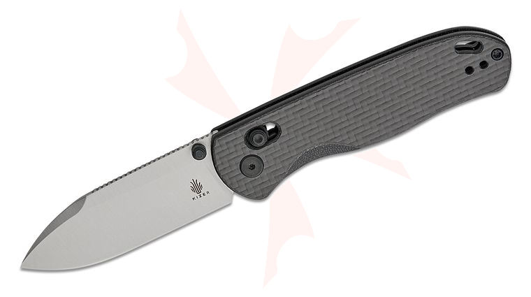 Kizer Cutlery Vanguard Azo Drop Bear Clutch Lock Folding Knife 2.97 inch Nitro-V Satin Drop Point Blade, 3K Carbon Fiber Handles, Reversible Clip