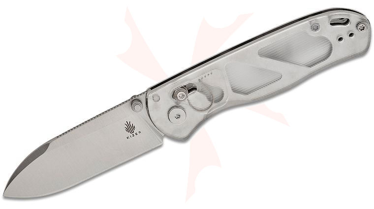 Kizer Cutlery Vanguard Azo Drop Bear Clutch Lock Folding Knife 2.97 inch Nitro-V Satin Drop Point Blade, Clear Acrylic Handles, Reversible Clip