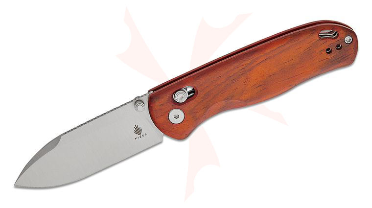 Kizer Cutlery Vanguard Azo Drop Bear Clutch Lock Folding Knife 2.97 inch Nitro-V Satin Drop Point Blade, Rosewood Handles, Reversible Clip