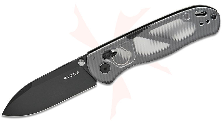 Kizer Cutlery Vanguard Azo Drop Bear Clutch Lock Folding Knife 2.97 inch Nitro-V Black PVD Drop Point Blade, Translucent Acrylic Handles, Reversible Clip