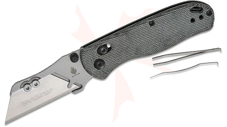 Kizer Cutlery Vanguard Azo Uti Bear 1 Clutch Lock Folding Knife 2.74 inch Replaceable Razor Blade, Black Micarta Handles with Toothpick and Tweezers, Reversible Clip