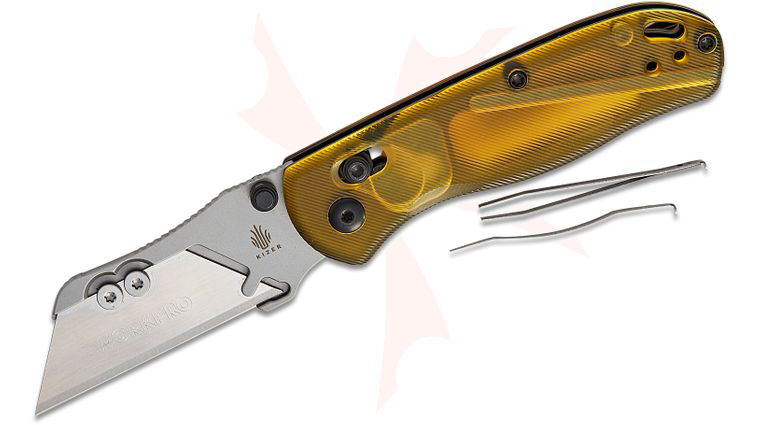 Kizer Cutlery Vanguard Azo Uti Bear 1 Clutch Lock Folding Knife 2.74 inch Replaceable Razor Blade, Ultem (PEI) Handles with Toothpick and Tweezers, Reversible Clip