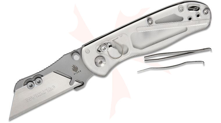 Kizer Cutlery Vanguard Azo Uti Bear 1 Clutch Lock Folding Knife 2.74 inch Replaceable Razor Blade, Clear Acrylic Handles with Toothpick and Tweezers, Reversible Clip