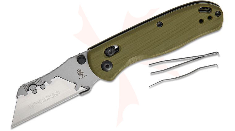 Kizer Cutlery Vanguard Azo Uti Bear 2 Clutch Lock Folding Knife 2.74 inch Replaceable Razor Blade, Olive Green G10 Handles with Toothpick and Tweezers, Reversible Clip