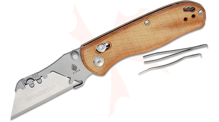 Kizer Cutlery Vanguard Azo Uti Bear 2 Clutch Lock Folding Knife 2.74 inch Replaceable Razor Blade, Brown Micarta Handles with Toothpick and Tweezers, Reversible Clip