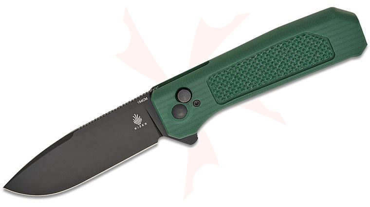 Kizer Cutlery Vanguard Azo Brat Button Lock Flipper Knife 3.5 inch 154CM Black Drop Point Blade, Green Integral G10 Handle