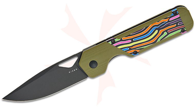 Kizer Cutlery Vanguard Jonathan Styles Militaw Liner Lock Front Flipper Knife 3.36 inch Nitro-V Black Drop Point Blade, Contoured Green G10 Handles with Rainbow G10 Inlays