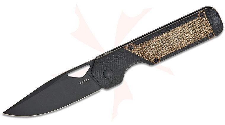 Kizer Cutlery Vanguard Jonathan Styles Militaw Liner Lock Front Flipper Knife 3.36 inch Nitro-V Black Drop Point Blade, Contoured Black G10 Handles with Burlap Micarta Inlays