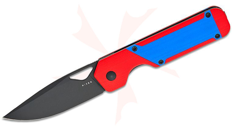 Kizer Cutlery Vanguard Jonathan Styles Militaw Liner Lock Front Flipper Knife 3.36 inch Nitro-V Black Drop Point Blade, Contoured Red G10 Handles with Blue G10 Inlays