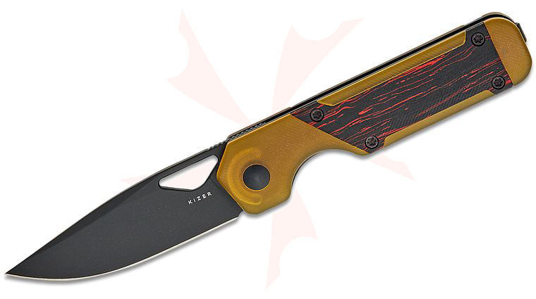 Kizer Cutlery Vanguard Jonathan Styles Mini Militaw Liner Lock Front Flipper Knife 2.82 inch Nitro-V Black Drop Point Blade, Contoured Ultem (PEI) Handles with Red G-Mascus Inlays