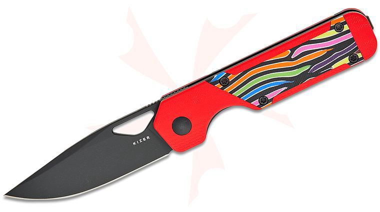 Kizer Cutlery Vanguard Jonathan Styles Mini Militaw Liner Lock Front Flipper Knife 2.82 inch Nitro-V Black Drop Point Blade, Contoured Red G10 Handles with Rainbow G10 Inlays