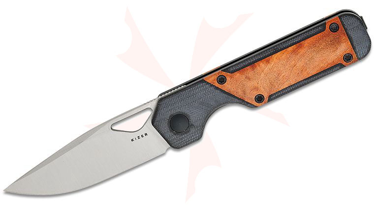 Kizer Cutlery Vanguard Jonathan Styles Mini Militaw Liner Lock Front Flipper Knife 2.82 inch Nitro-V Satin Drop Point Blade, Contoured Black G10 Handles with Mkuruti Wood Inlays