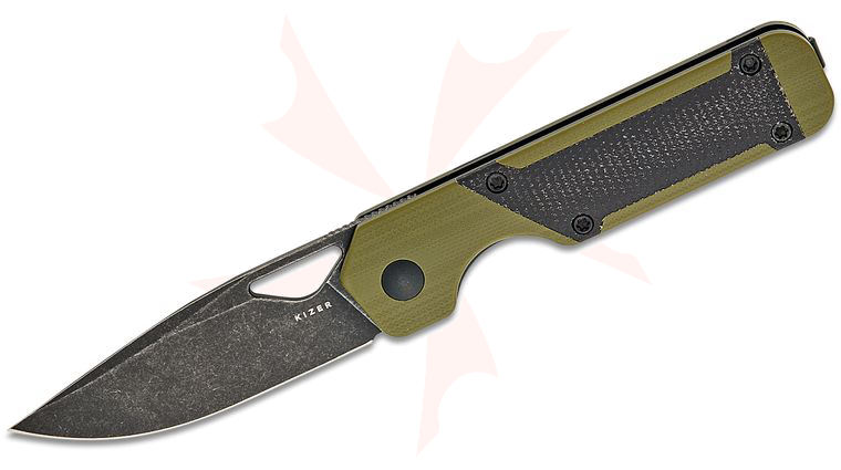 Kizer Cutlery Vanguard Jonathan Styles Mini Militaw Liner Lock Front Flipper Knife 2.82 inch Nitro-V Black Stonewashed Drop Point Blade, Contoured Green G10 Handles with Black Micarta Inlays