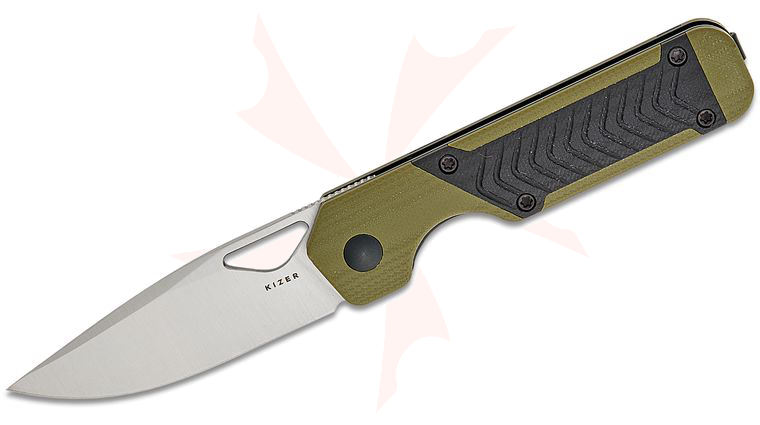 Kizer Cutlery Vanguard Jonathan Styles Mini Militaw Liner Lock Front Flipper Knife 2.82 inch Nitro-V Satin Drop Point Blade, Contoured Green G10 Handles with Milled Black G10 Inlays