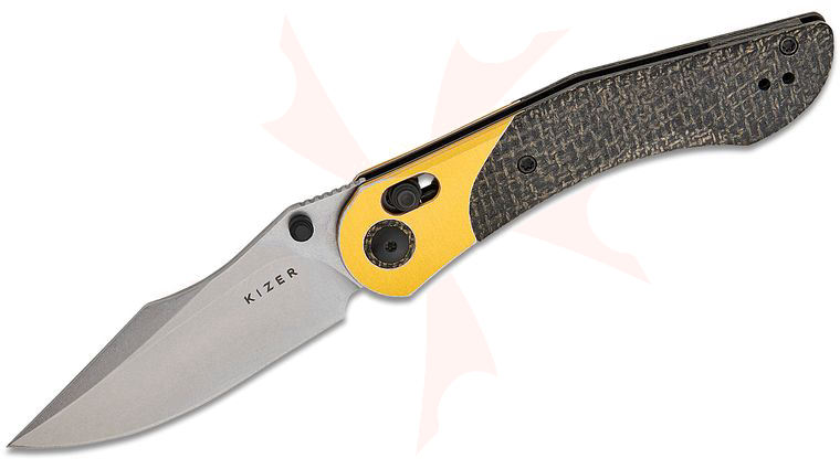 Kizer Cutlery Vanguard Paul Munko Mini Mystic Clutch Lock Folding Knife 3.2 inch Nitro-V Satin Harpoon Clip Point Blade, Black Burlap Micarta Handles with Distressed Copper-Colored Aluminum Bolsters