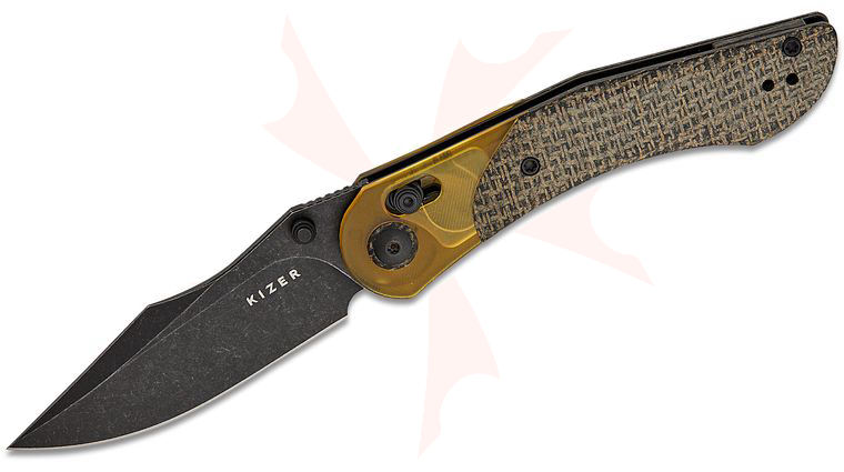 Kizer Cutlery Vanguard Paul Munko Mini Mystic Clutch Lock Folding Knife 3.2 inch 154CM Black Harpoon Clip Point Blade, Black Burlap Micarta Handles with Ultem Bolsters