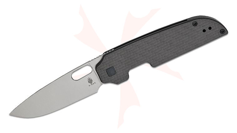 Kizer Cutlery Vanguard Jacob Lundquist Varatas Front Flipper Knife 3.24 inch Nitro-V Satin Drop Point Blade, Carbon Fiber/Black G10 Handles