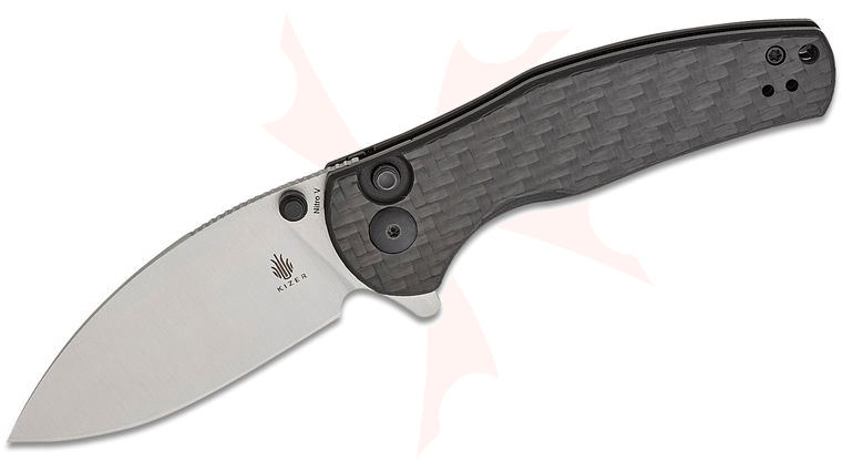 Kizer Cutlery Vanguard Azo Mini Grouper Button Lock Flipper Knife 3.14 inch Nitro-V Satin Drop Point Blade, Carbon Fiber Handles