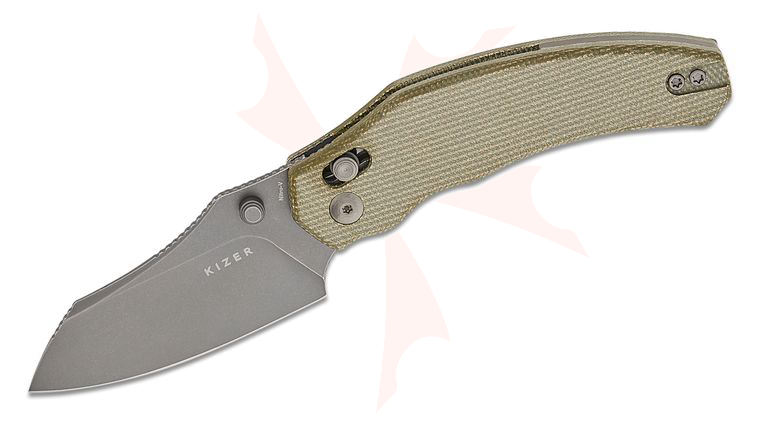 Kizer Cutlery Vanguard O. SHO Bulldog Clutch Lock Folding Knife 3 inch Nitro-V Black Stonewashed Sheepsfoot Blade, Green Canvas Micarta Handles