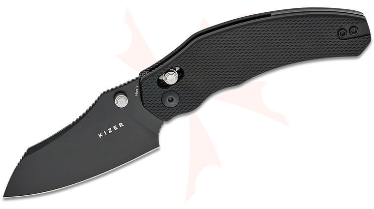 Kizer Cutlery Vanguard O. SHO Bulldog Clutch Lock Folding Knife 3 inch Nitro-V Black PVD Sheepsfoot Blade, Machined Black Aluminum Handles