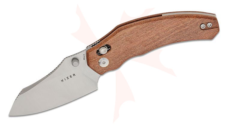 Kizer Cutlery Vanguard O. SHO Bulldog Clutch Lock Folding Knife 3 inch Nitro-V Satin Sheepsfoot Blade, Mkuruti Wood Handles