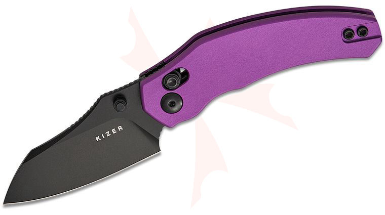 Kizer Cutlery Vanguard O. SHO Mini Bulldog Clutch Lock Folding Knife 2.51 inch Nitro-V Black PVD Sheepsfoot Blade, Purple Aluminum Handles