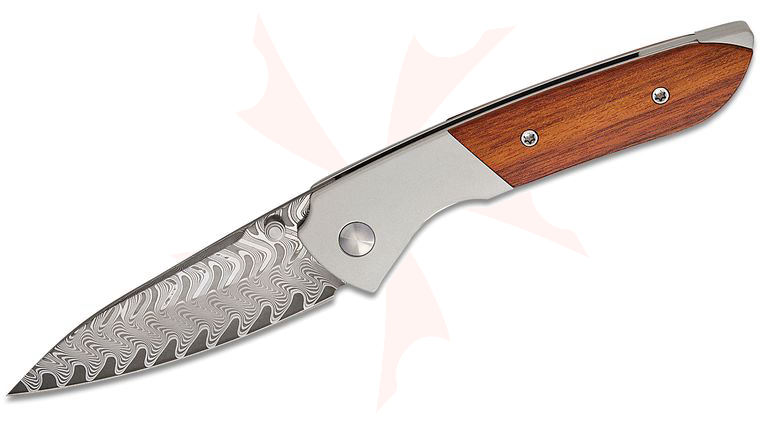 Kizer Cutlery Vanguard Chris Conaway Spitfire Folding Knife 3.13 inch Damascus Drop Point Blade, Silver Aluminum Handles with Mkuruti Wood Inlays
