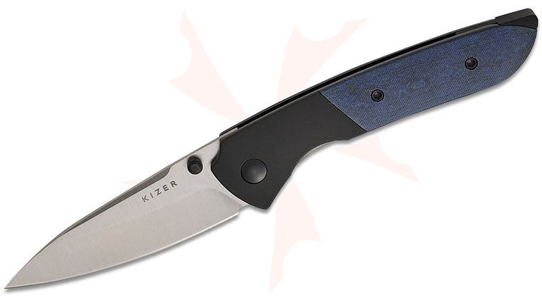 Kizer Cutlery Vanguard Chris Conaway Spitfire Folding Knife 3.13 inch 14C28N Satin Drop Point Blade, Black Aluminum Handles with Blue Canyon Richlite Inlays
