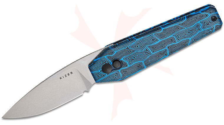 Kizer Cutlery Vanguard Bradley Diaz Tomb Button Lock Front Flipper Knife 3.21 inch Nitro-V Satin Drop Point Blade, Black/Blue Damascus G10 Handles