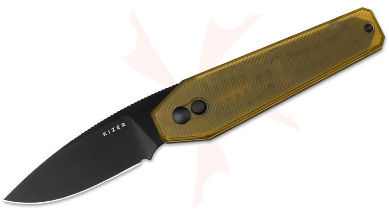 Kizer Cutlery Vanguard Bradley Diaz Tomb Button Lock Front Flipper Knife 3.21 inch Nitro-V Black PVD Drop Point Blade, PEI (Ultem) Handles
