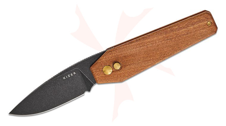 Kizer Cutlery Vanguard Bradley Diaz Tomb Button Lock Front Flipper Knife 3.21 inch Nitro-V Black Stonewashed Drop Point Blade, Mkuruti Wood Handles