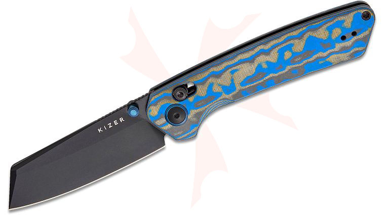 Kizer Cutlery Vanguard Matteo Pignatelli Madrac Clutch Lock Folding Knife 3.06 inch Nitro-V Black Stonewashed Reverse Tanto Blade, Blue Vortex Micarta Handles, Reversible Clip