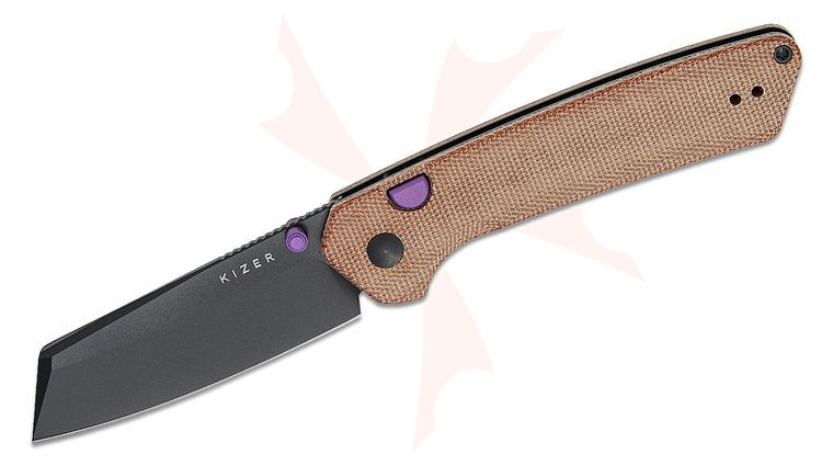 Kizer Cutlery Vanguard Matteo Pignatelli Madrac Button Liner Lock Folding Knife 3.05 inch 14C28N Black PVD Reverse Tanto Blade, Brown Norplex UltreX Micarta Handles, Reversible Clip