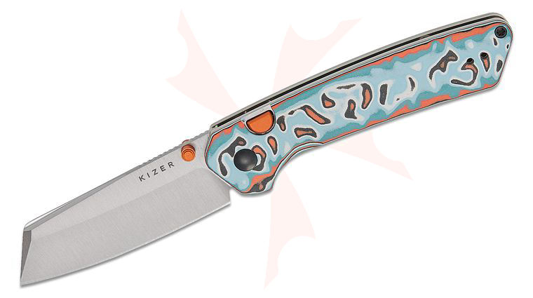 Kizer Cutlery Vanguard Matteo Pignatelli Madrac Button Liner Lock Folding Knife 3.05 inch 14C28N Satin Reverse Tanto Blade, Multi-Color Vortex Pattern Micarta Handles, Reversible Clip